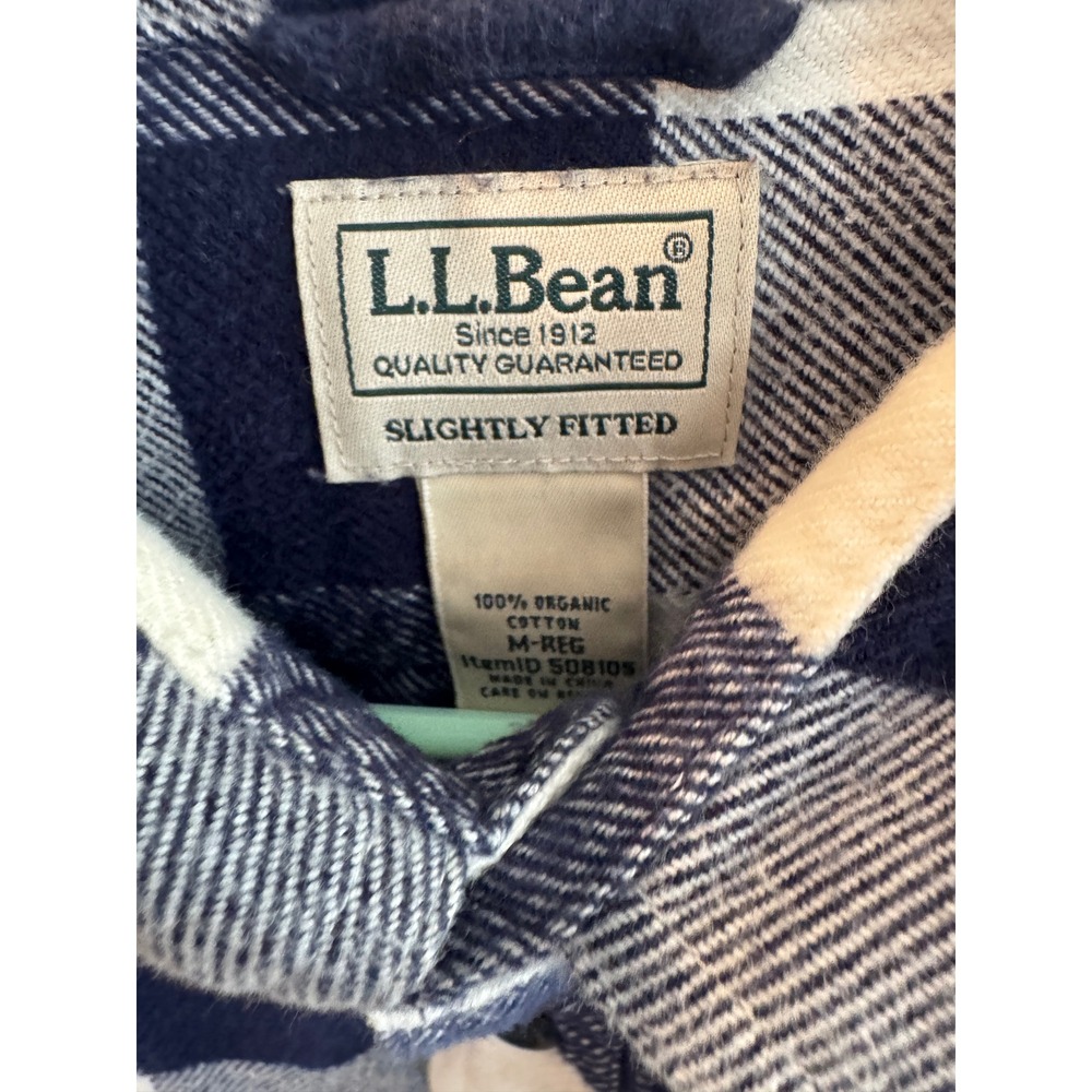 LL Bean Womens Organic Cotton Flannel Shirt Navy Blue White Plaid M